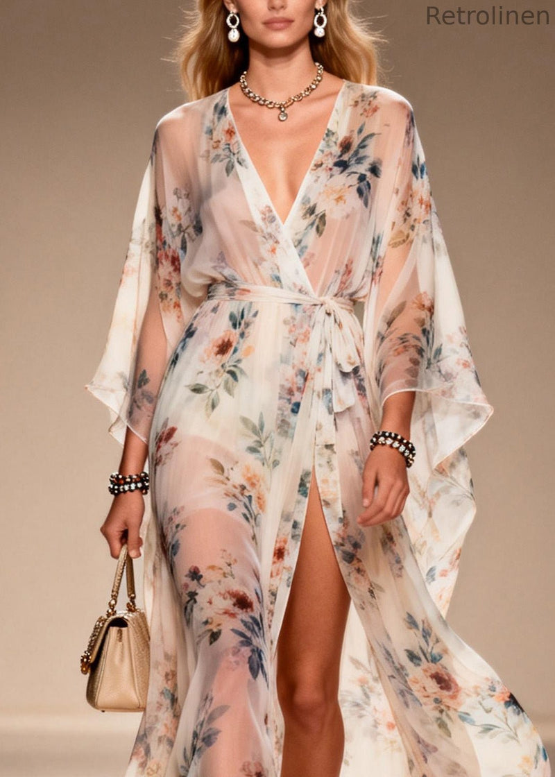 Print Side Open Lace Up Chiffon Dresses Summer