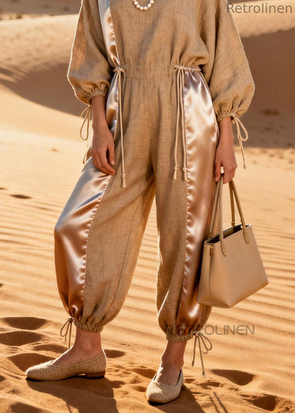 V-neck Silk Patchwork Drawstring Linen Jumpsuit Spring