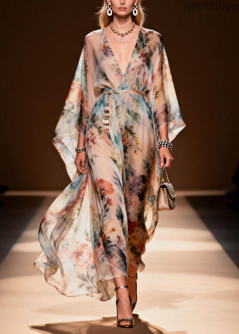 Stylish V Neck Print Loose Chiffon Maxi Dresses Spring