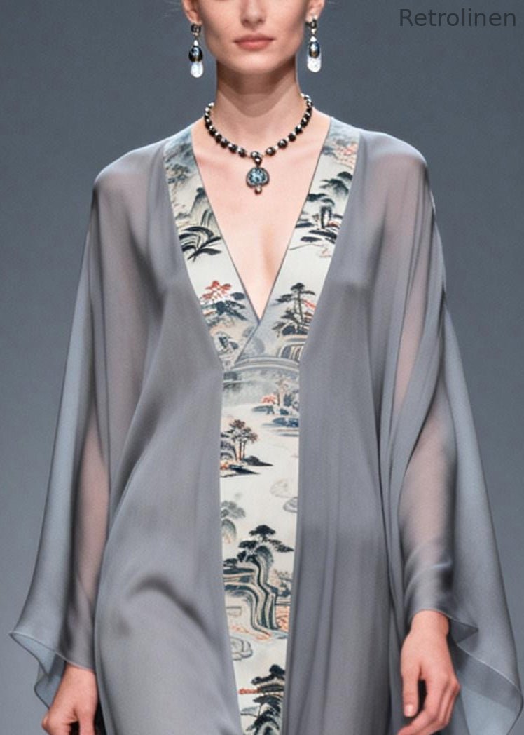 Retro Grey V Neck Patchwork Print Chiffon Maxi Dress Summer
