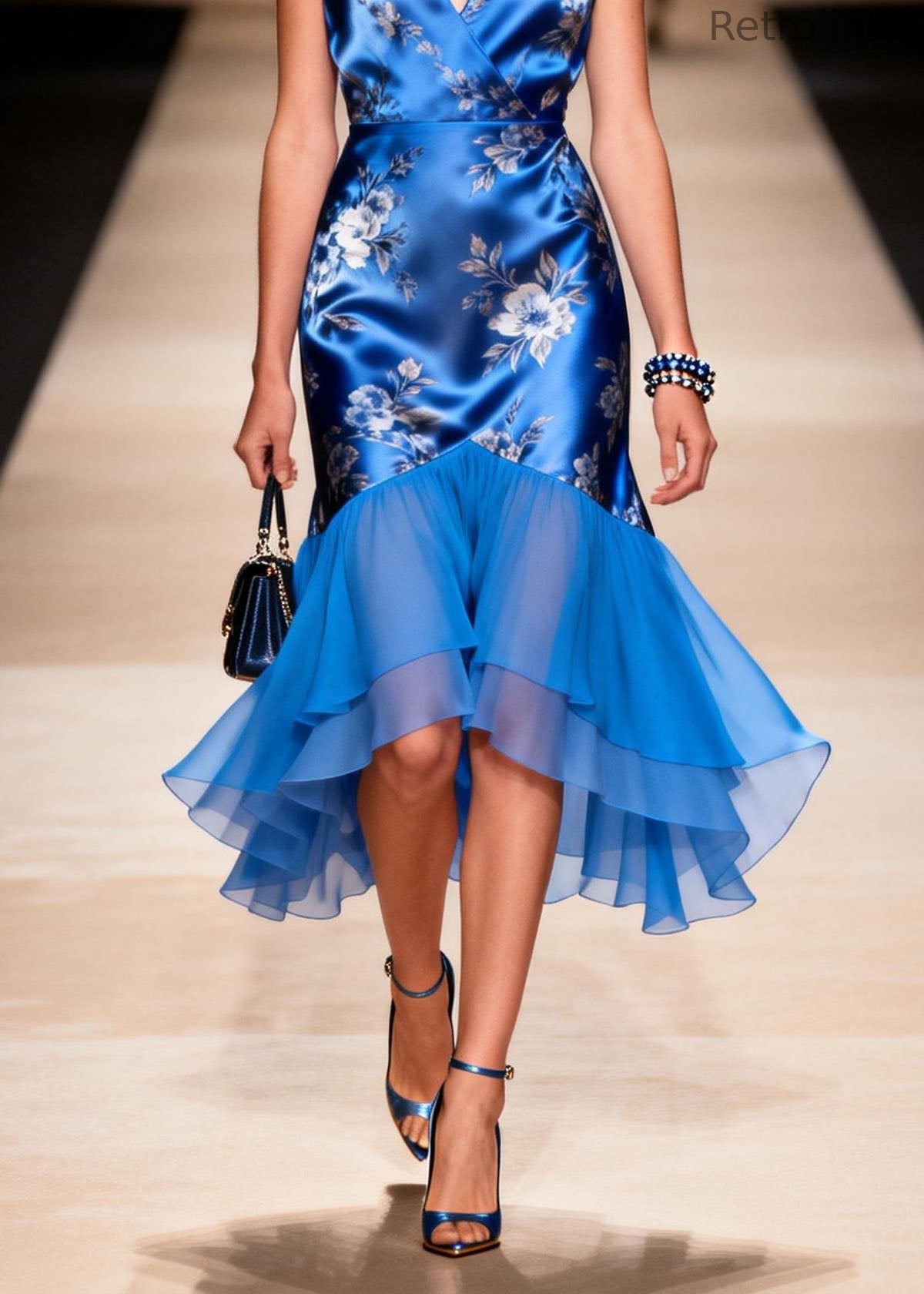 Loose Blue V Neck Ruffled Patchwork Silk Dress Summer