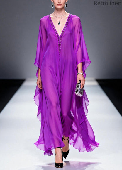 Purple V Neck Zircon Draping Chiffon Dresses Summer
