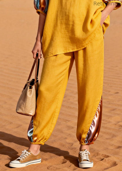 Yellow Patchwork Linen Silk Two Pieces Set Oversized Half Sleeve
