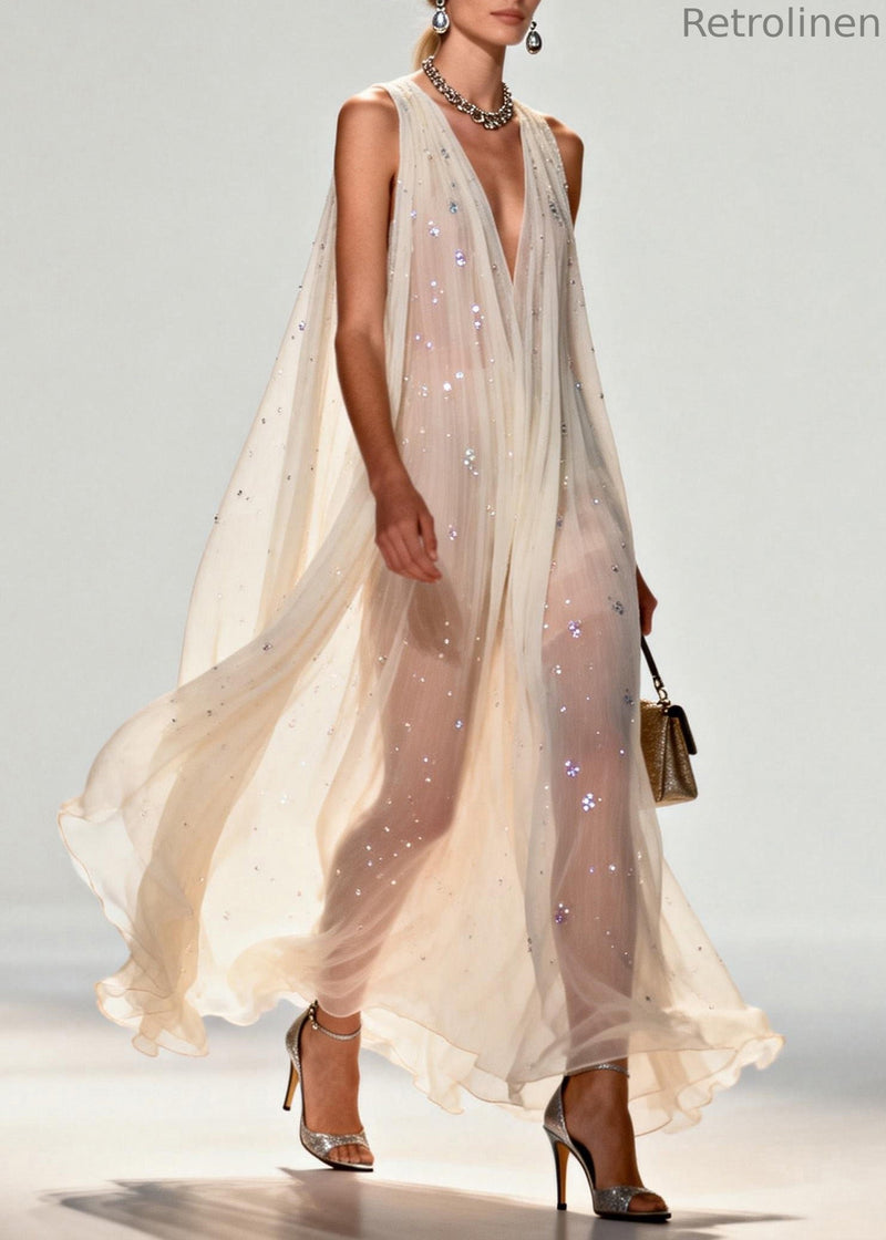 New Style V Neck Zircon Chiffon Maxi Dress Sleeveless