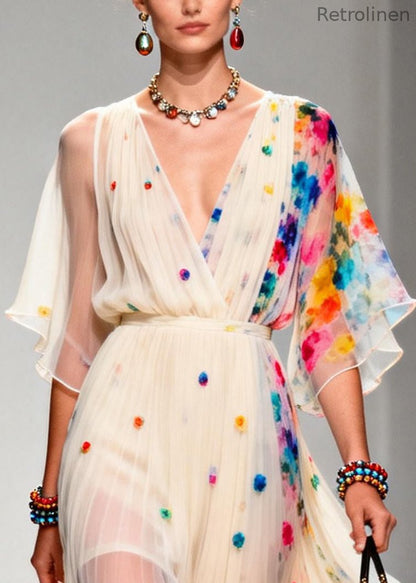 Modern Apricot V Neck Patchwork Chiffon Ankle Dress Summer