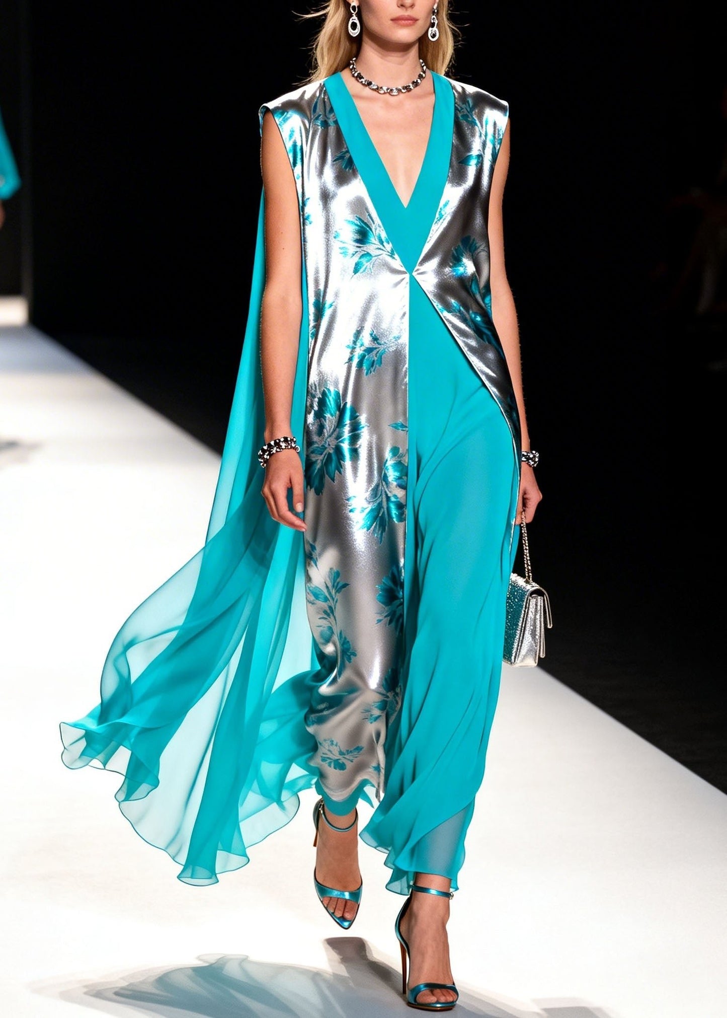 Colorblock V Neck Patchwork Chiffon Dress Summer