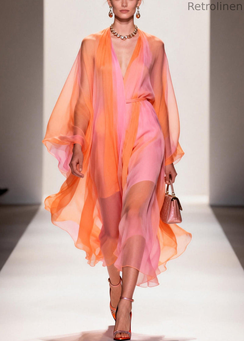 Colorblock V Neck Chiffon Holiday Dress Summer