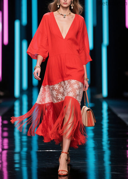 Red V Neck Print Tassel Cotton Dress Summer