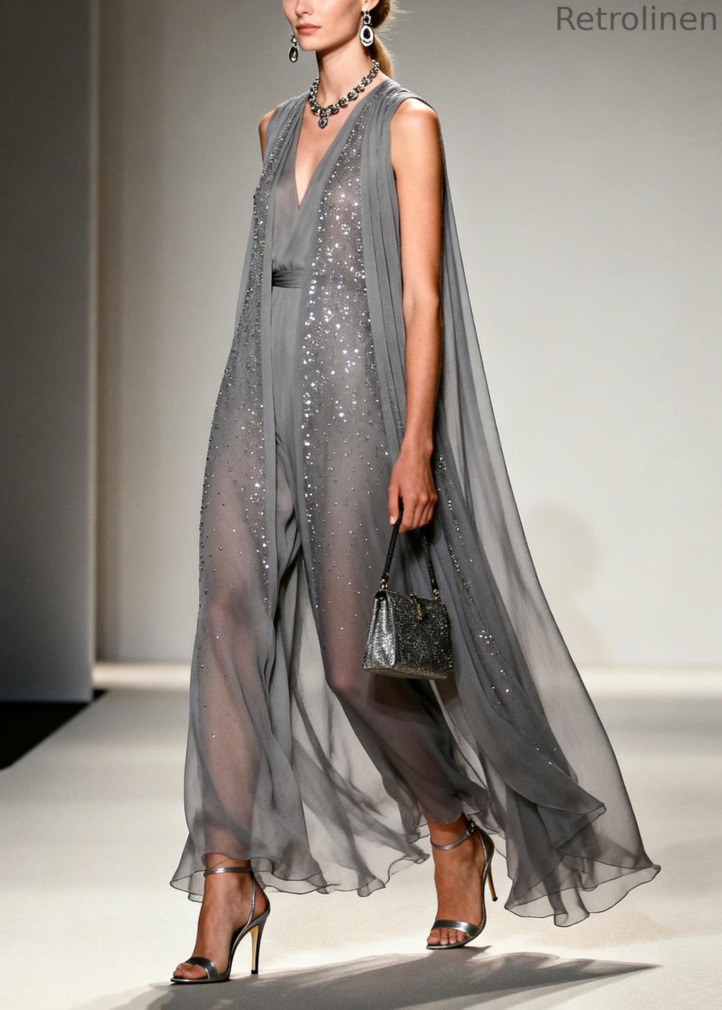 Grey Sparkling Zircon Draping Chiffon Dress Two Piece Set Sleeveless