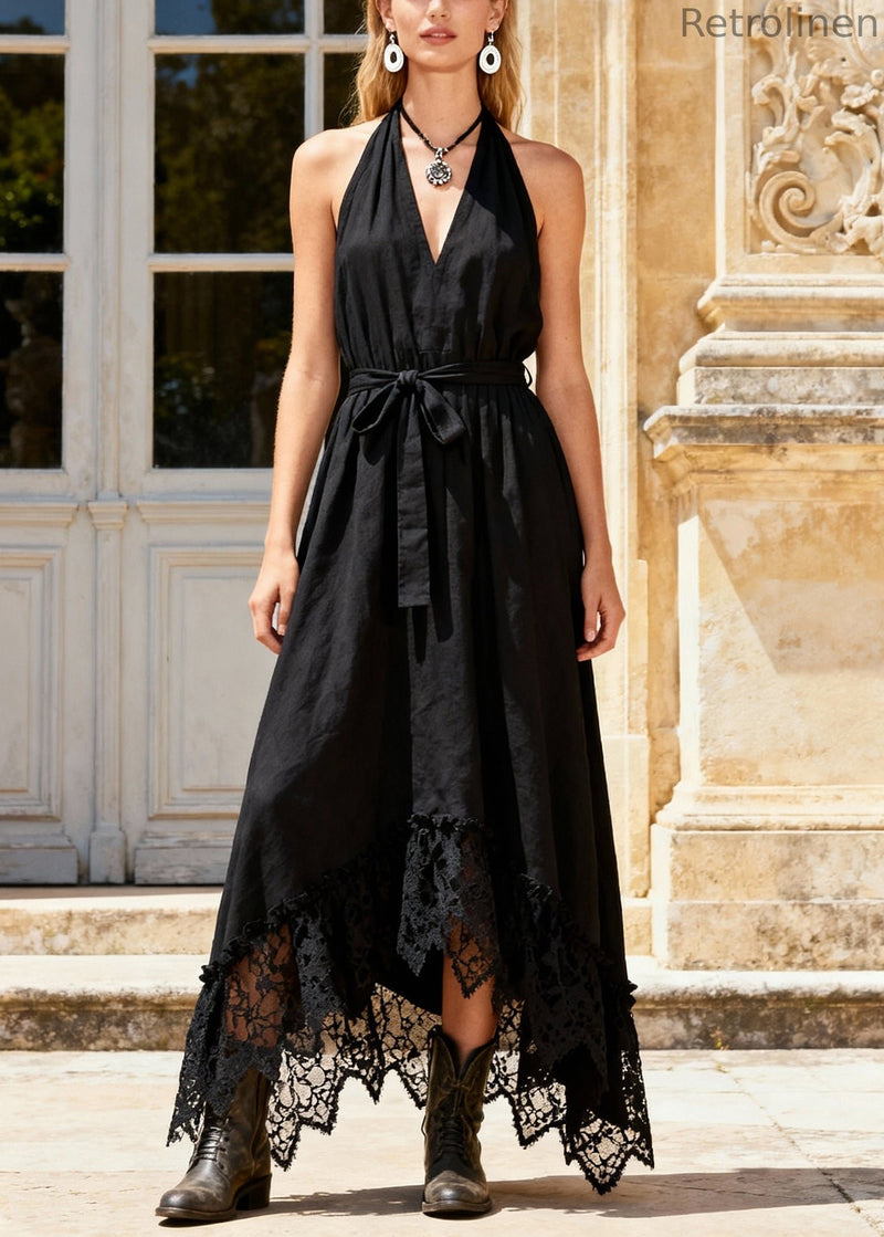 French Black Cold Shoulder Tie Waist Maxi Dress Sleeveless