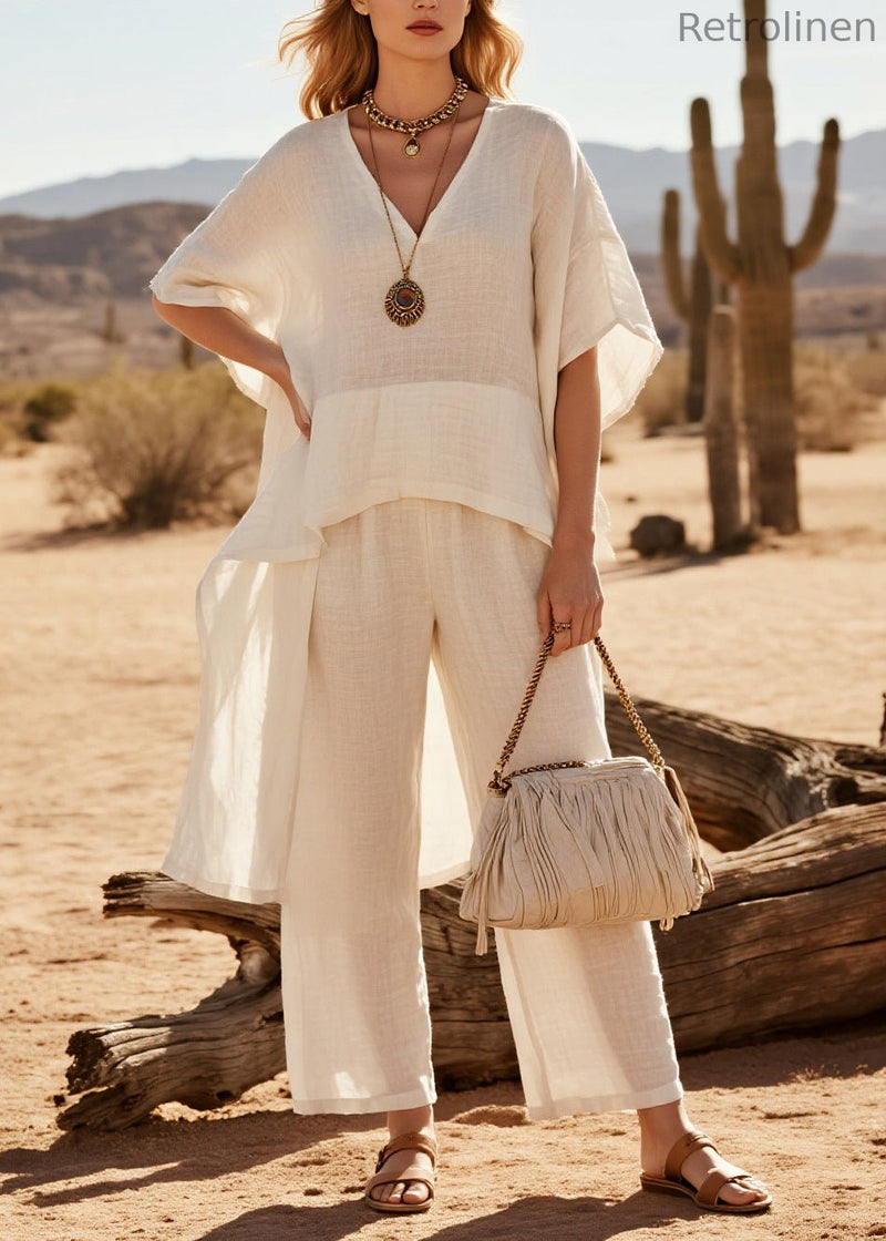 White Patchwork Linen Two Piece Suit Set Oversized Low High Design Summer