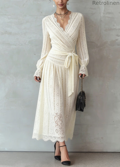 Beige Lace Tie Waist Warm Fleece Long Dress Spring