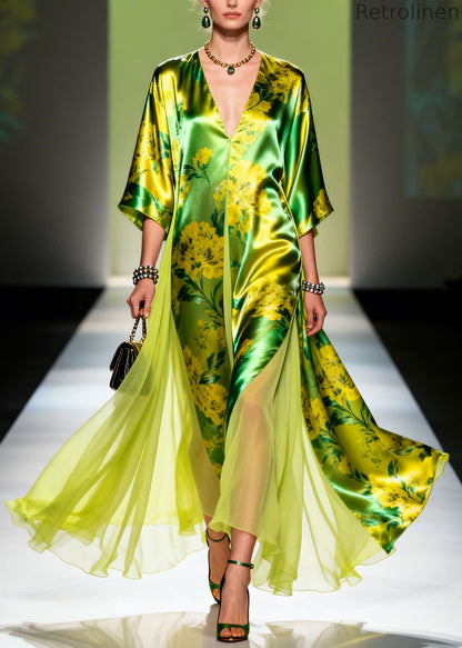 Classy V Neck Print Patchwork Silk Maxi Dresses Summer
