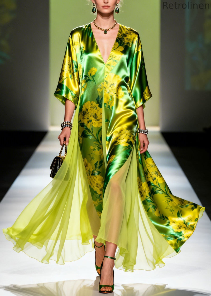 Classy V Neck Print Patchwork Silk Maxi Dresses Summer