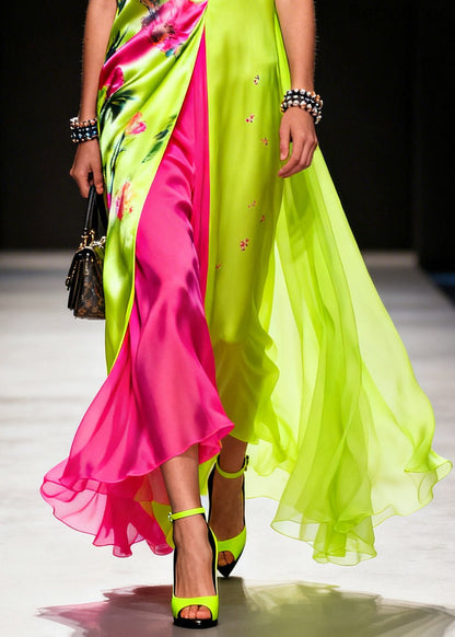 Fluorescent Green Print Patchwork Chiffon Vacation Dresses Sleeveless