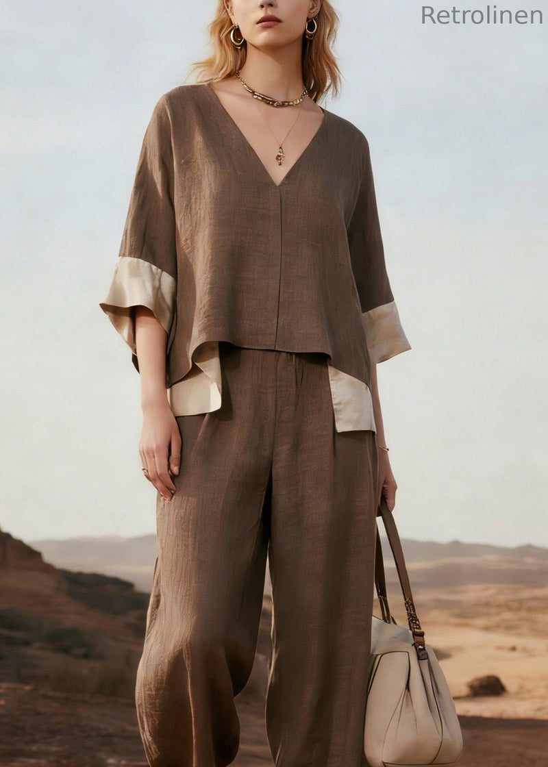 V Neck Patchwork Linen Two Pieces Set Summer