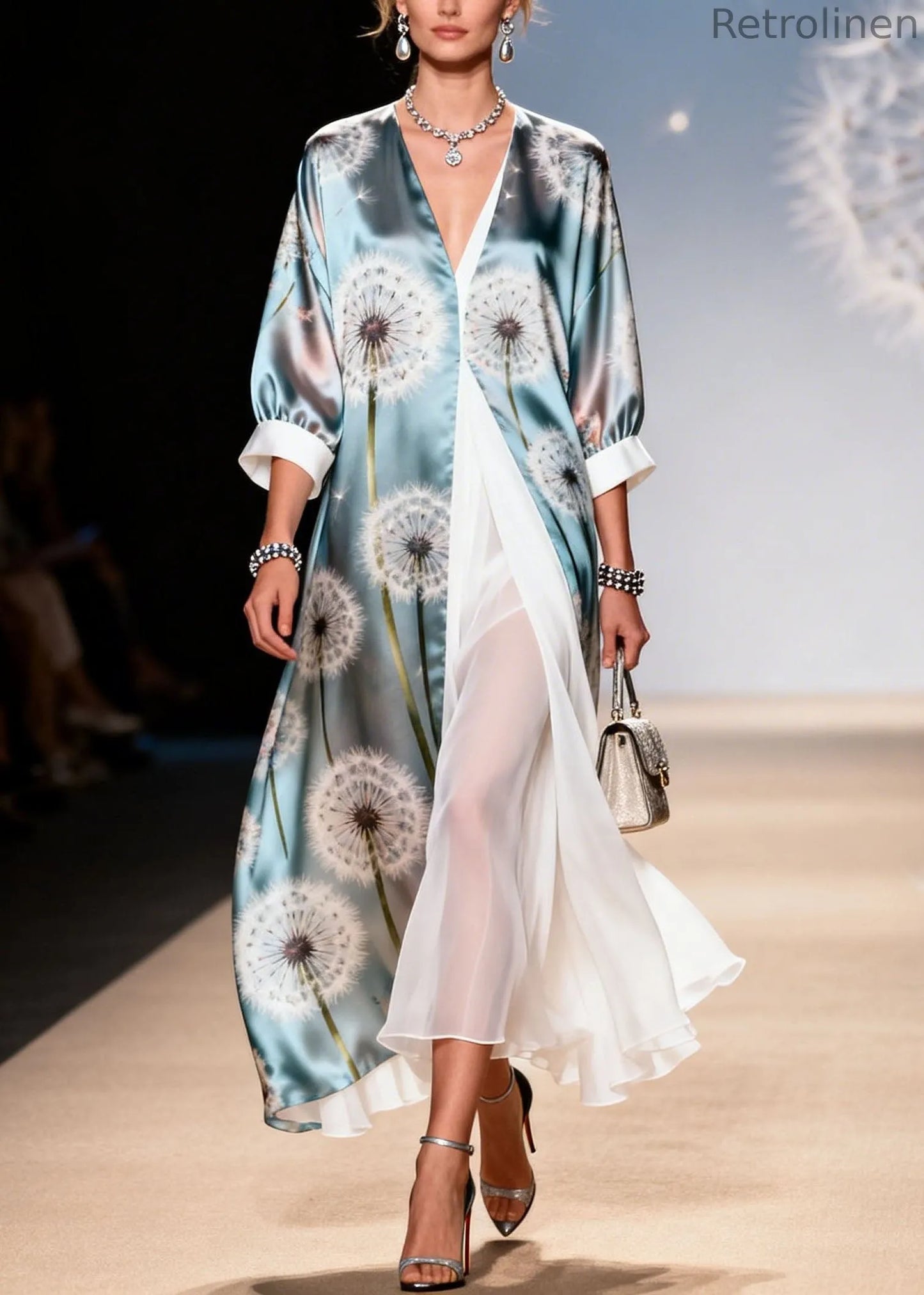 Style V Neck Print False Two Pieces Patchwork Silk Dresses Summer