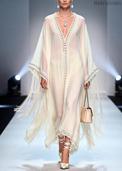 Stylish White Tasseled Handmade Pearls Chiffon Holiday Dress Summer