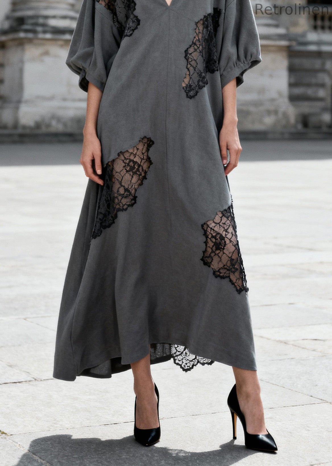 Grey V Neck Hollow Out Lace Patchwork Cotton Dresses Summer