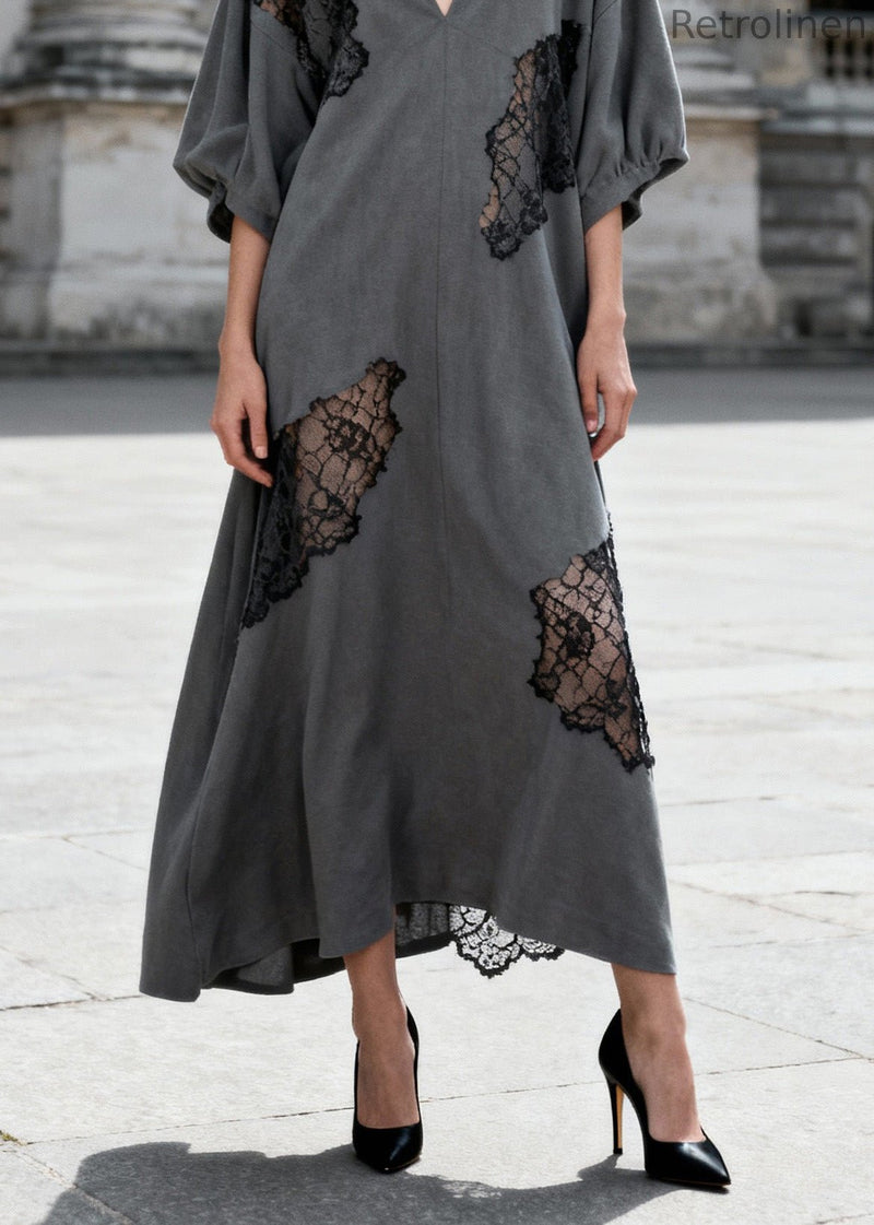 Grey V Neck Hollow Out Lace Patchwork Cotton Dresses Summer