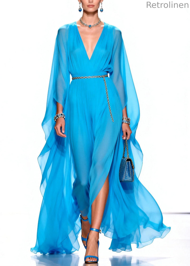 Stylish Blue V Neck Draping Chiffon Maxi Dresses Summer