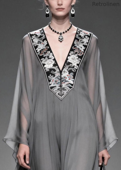Grey V Neck Patchwork Chiffon Maxi Dress Summer