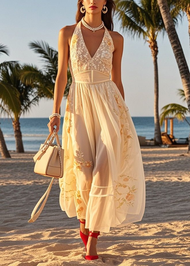 Beige Cold Shoulder Print Tulle Halter Dresses Summer