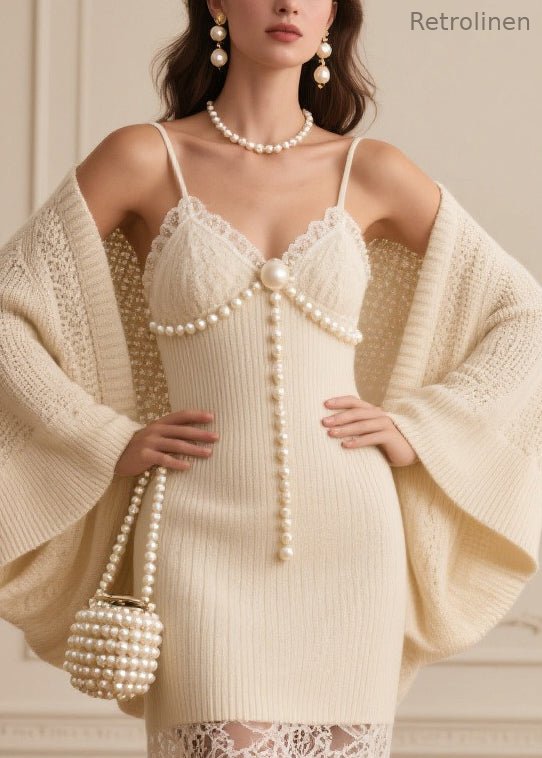 Beige Patchwork Fine Pearl Knit Two Piece Set Clothing Spring