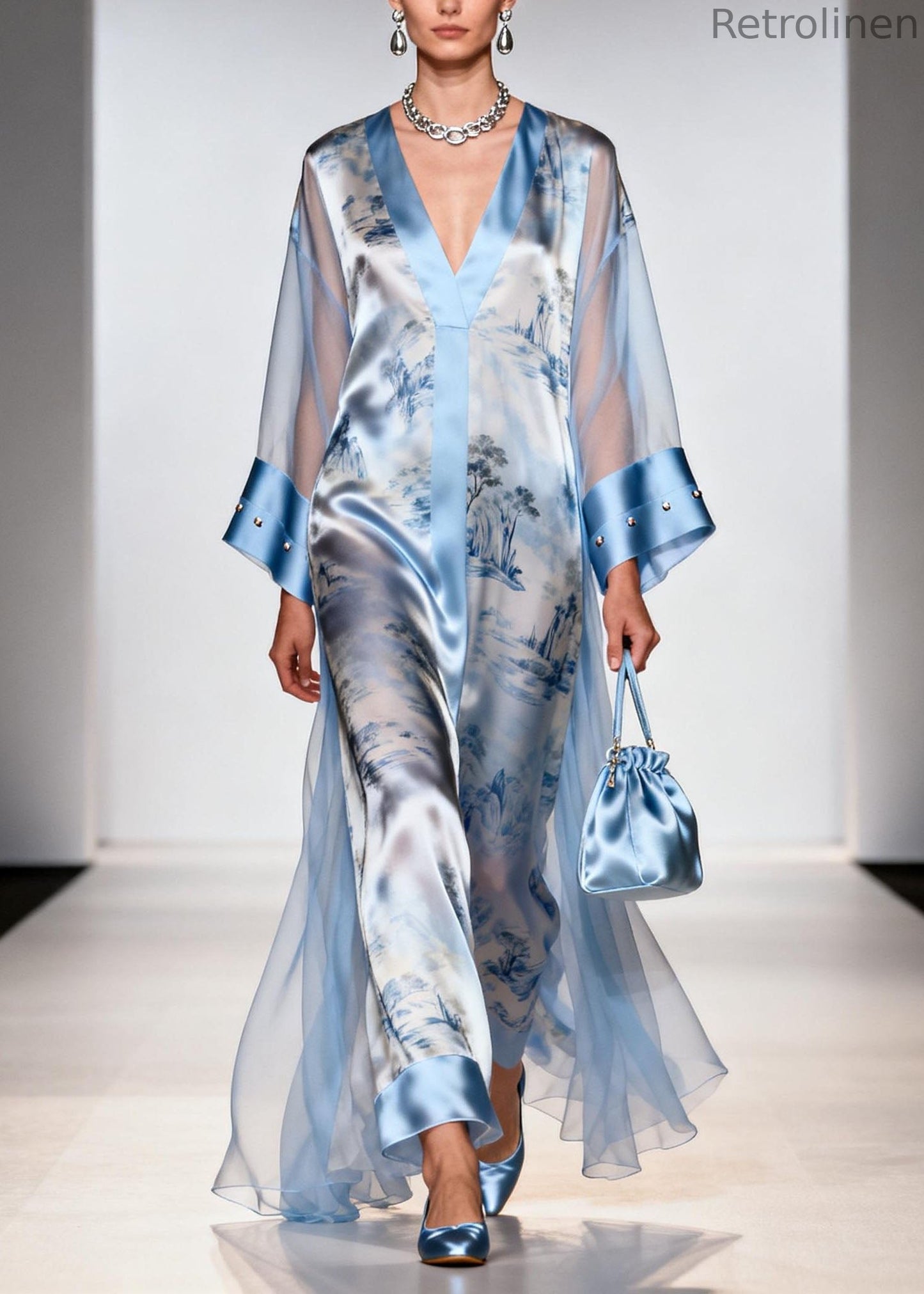 Italian Blue V Neck Print Zircon Chiffon Dresses Summer