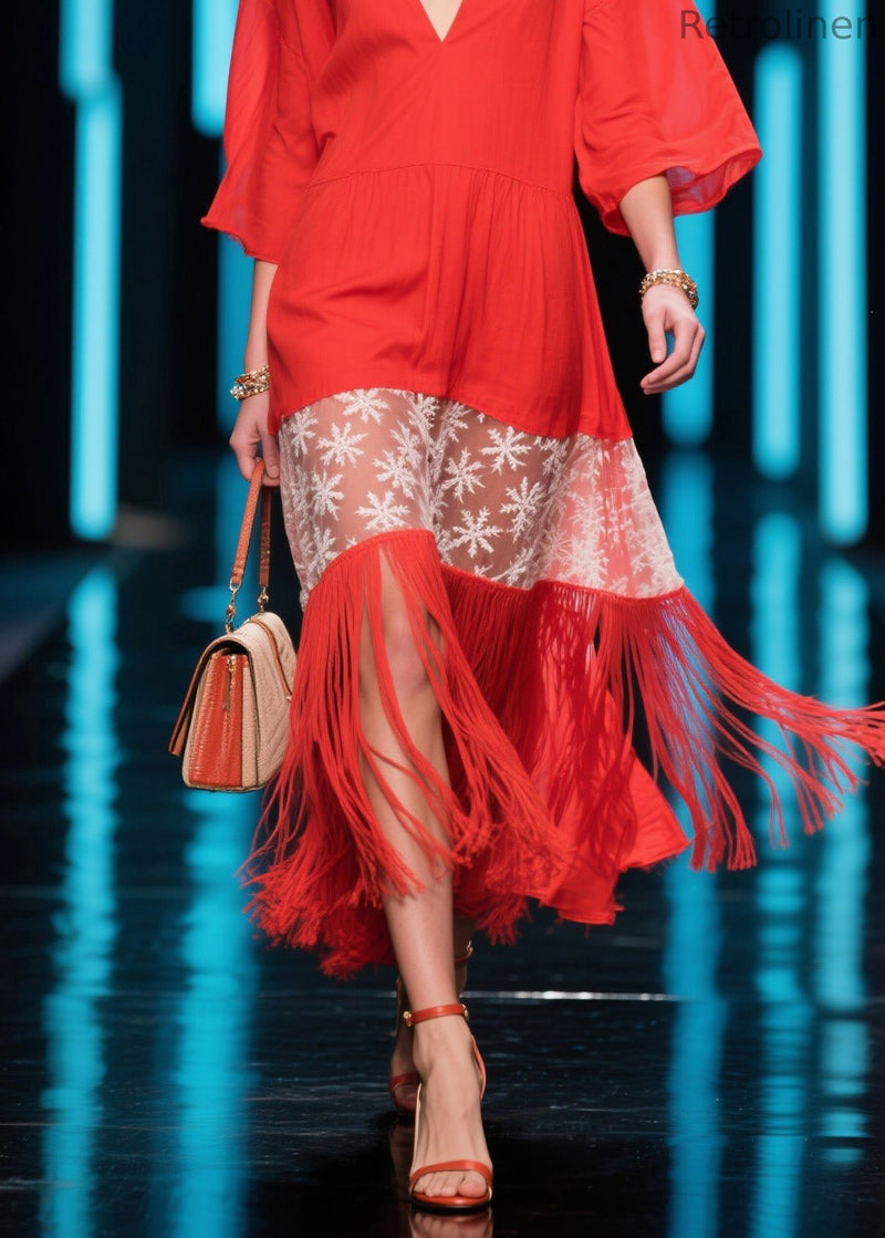 Red V Neck Print Tassel Cotton Dress Summer