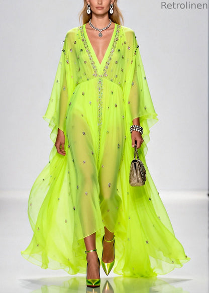 Original Design Fluorescent Green Rhinestone Exra Large Hem Chiffon Party Dresses Summer