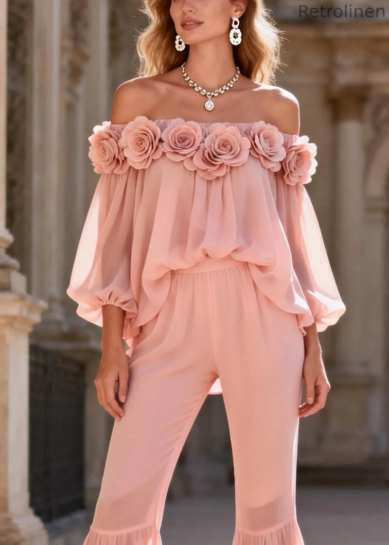 Pink Slash Neck Chiffon Top and Flared Trousers Two Pieces Set Lantern Sleeve