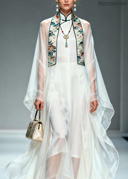 Simple White Stand Collar Patchwork Chiffon Two Piece Set Summer