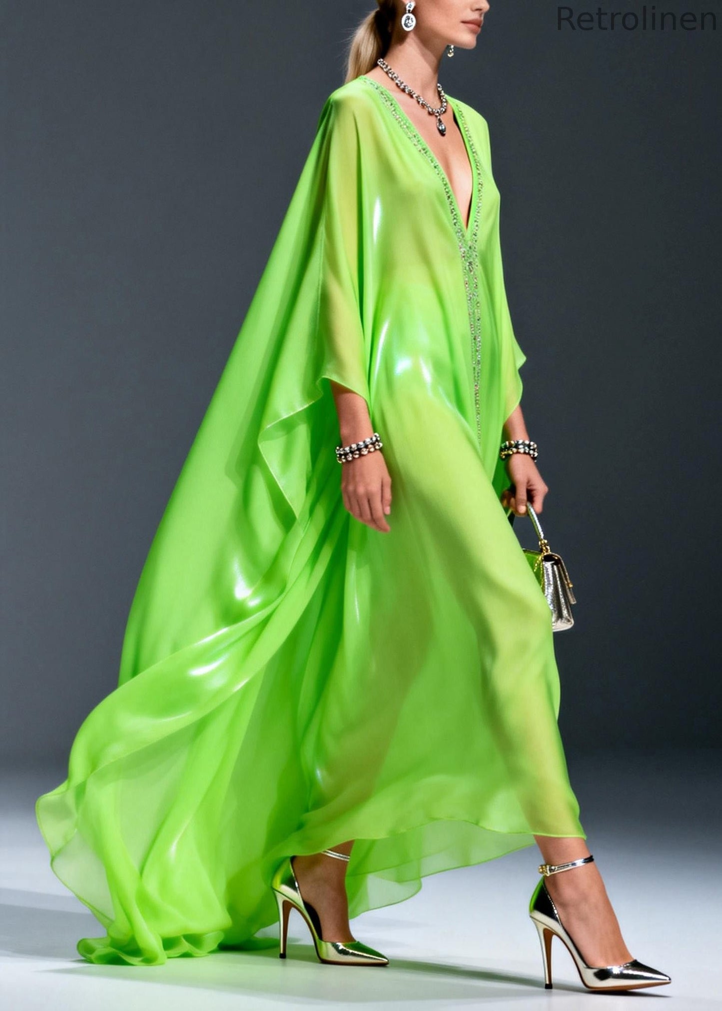 Fluorescent Green V Neck Zircon Chiffon Long Dress Spring