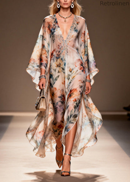 V Neck Print Side Open Chiffon Dress Spring