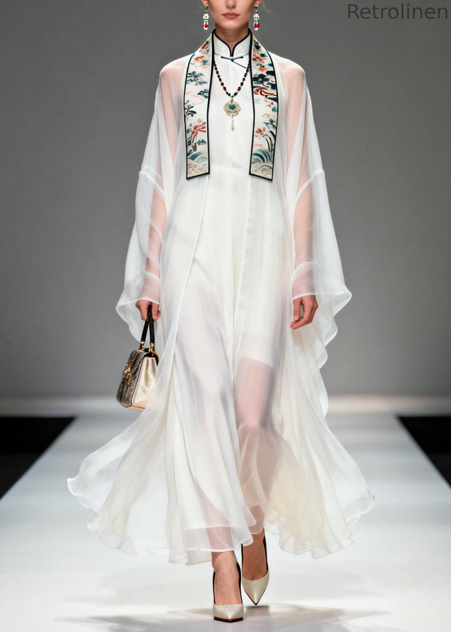Boutique White Stand Collar Patchwork Chiffon Two Pieces Set Summer