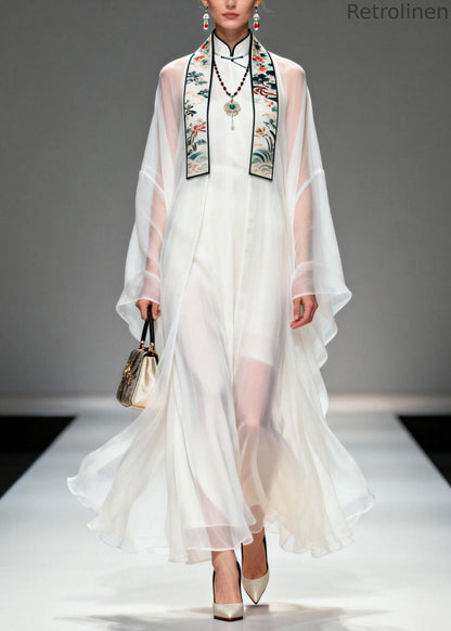 Boutique White Stand Collar Patchwork Chiffon Two Pieces Set Summer