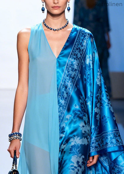 Boutique Blue Asymmetrical Patchwork Exra Large Hem Silk Dresses Summer