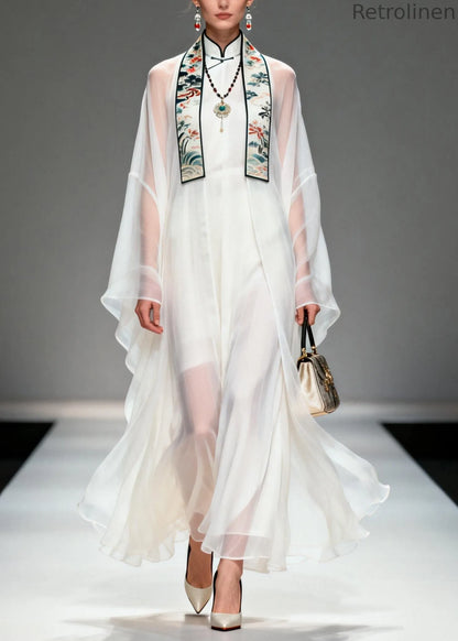 Boutique White Stand Collar Patchwork Chiffon Two Pieces Set Summer