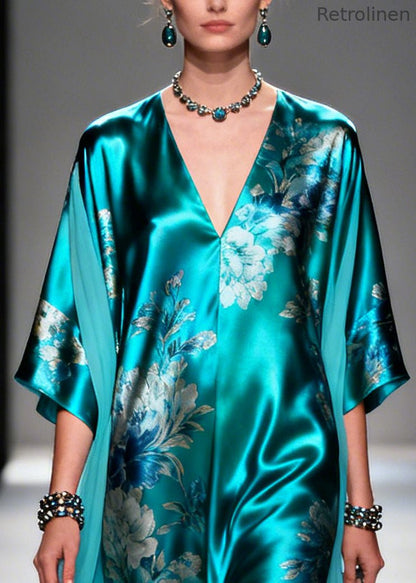 Blue Oversized Patchwork Print Silk Holiday Dress Summer