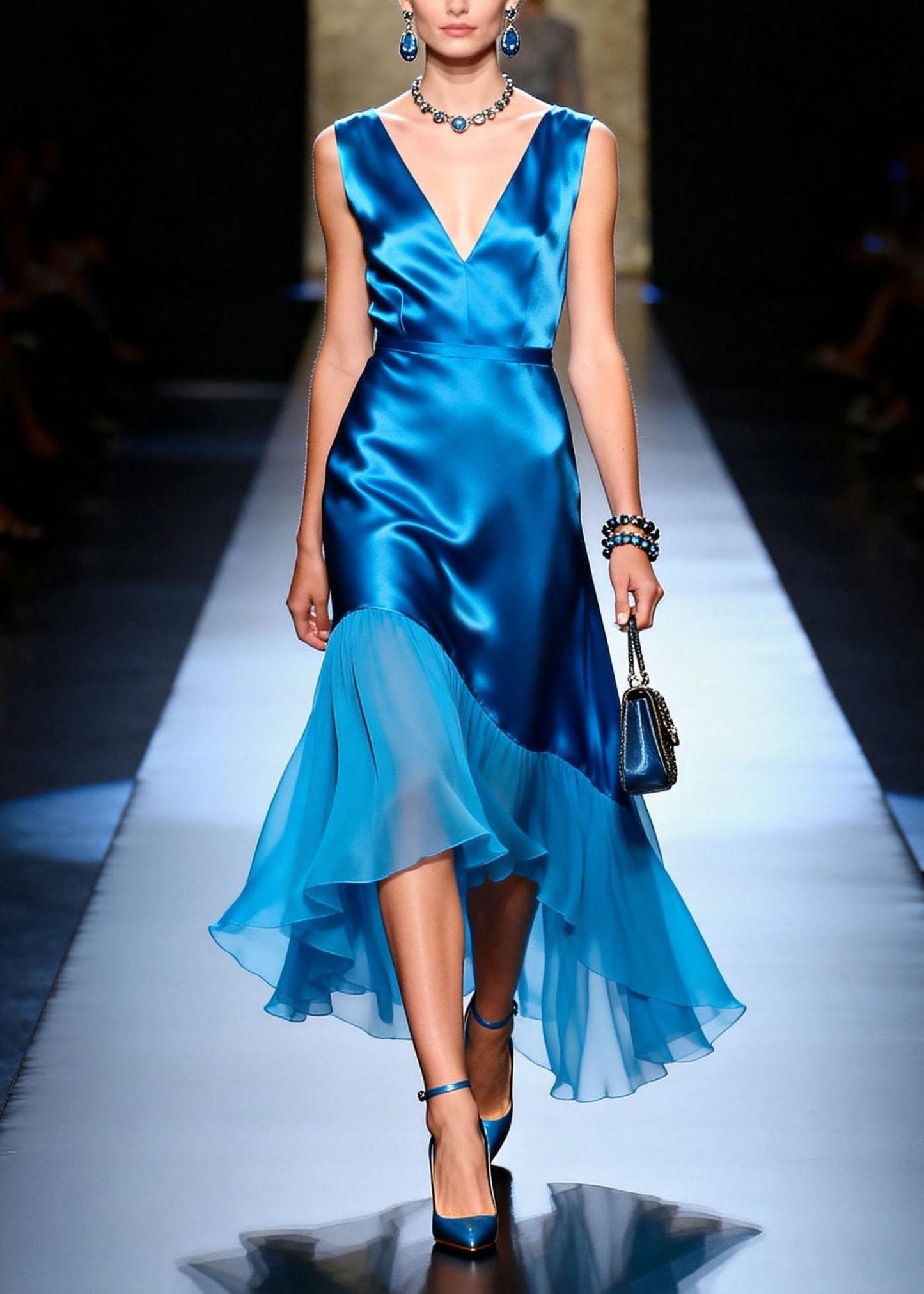 Blue V Neck Asymmetrical Patchwork Silk Dress Sleeveless