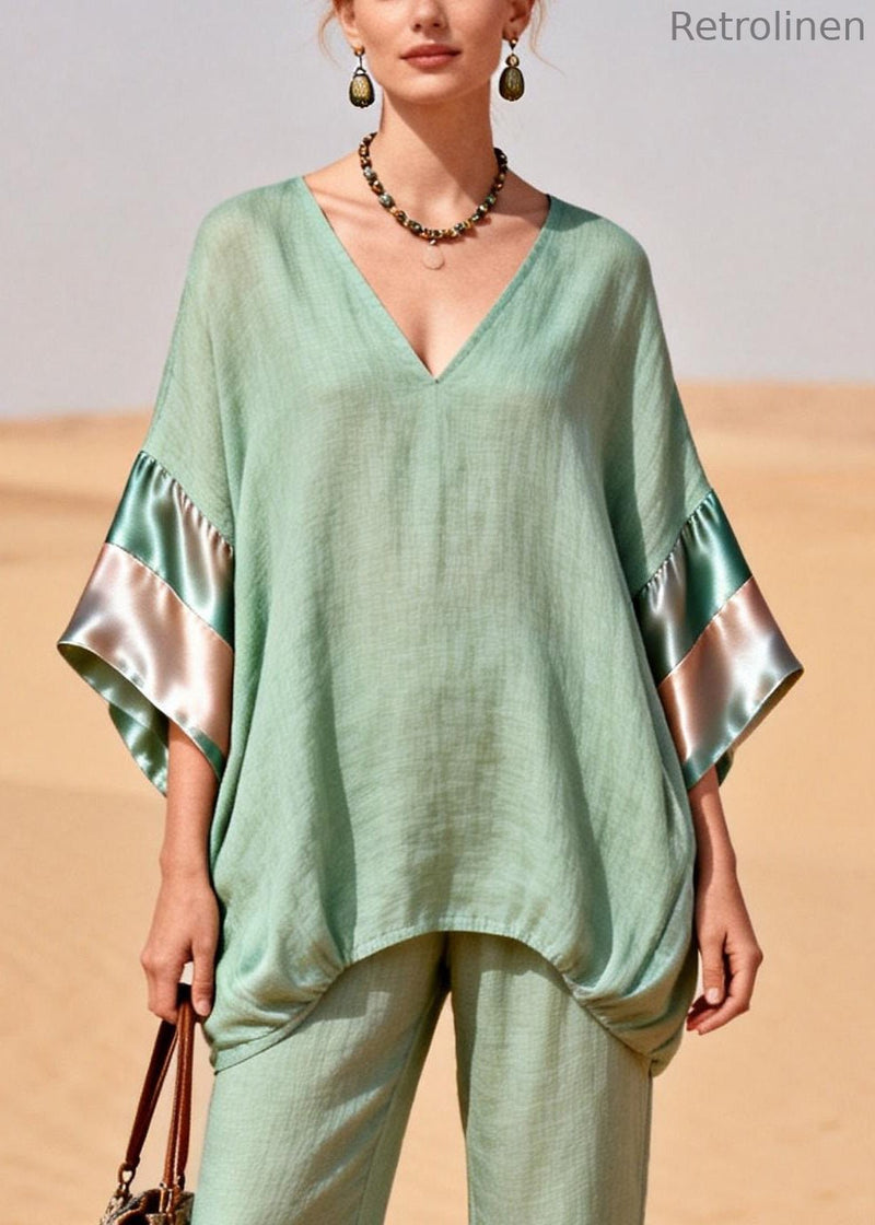 Green Cinched Silk Patchwork Linen Two Pieces Set V Neck Bracelet Sleeve