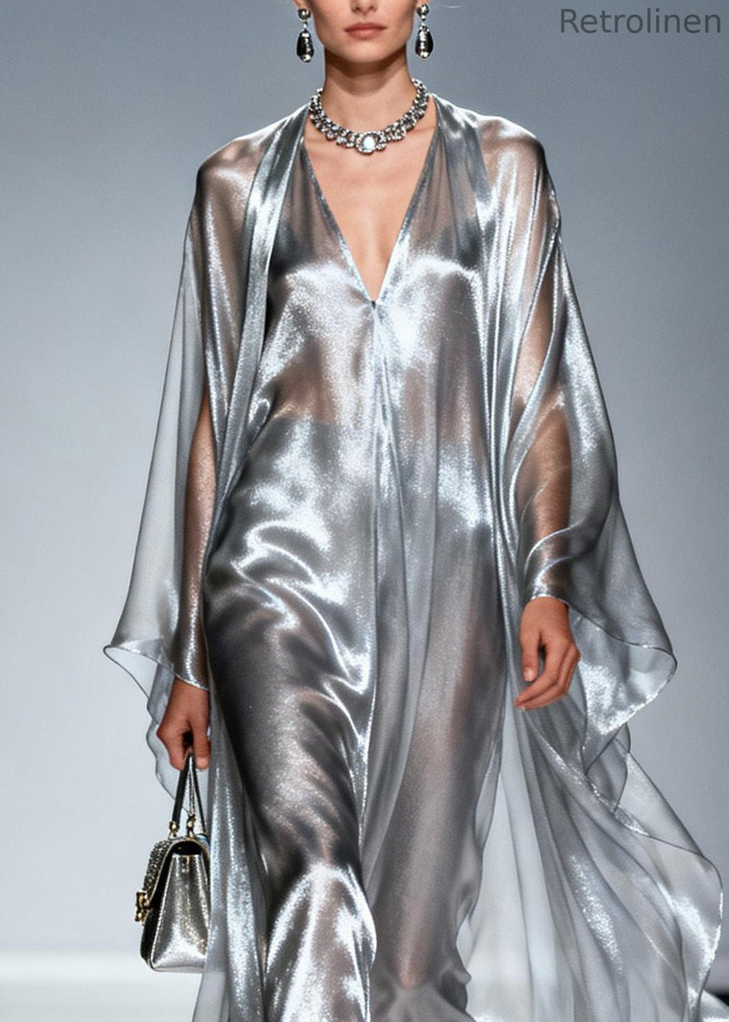Loose Silver V Neck Asymmetrical Silk Robe Dresses Summer