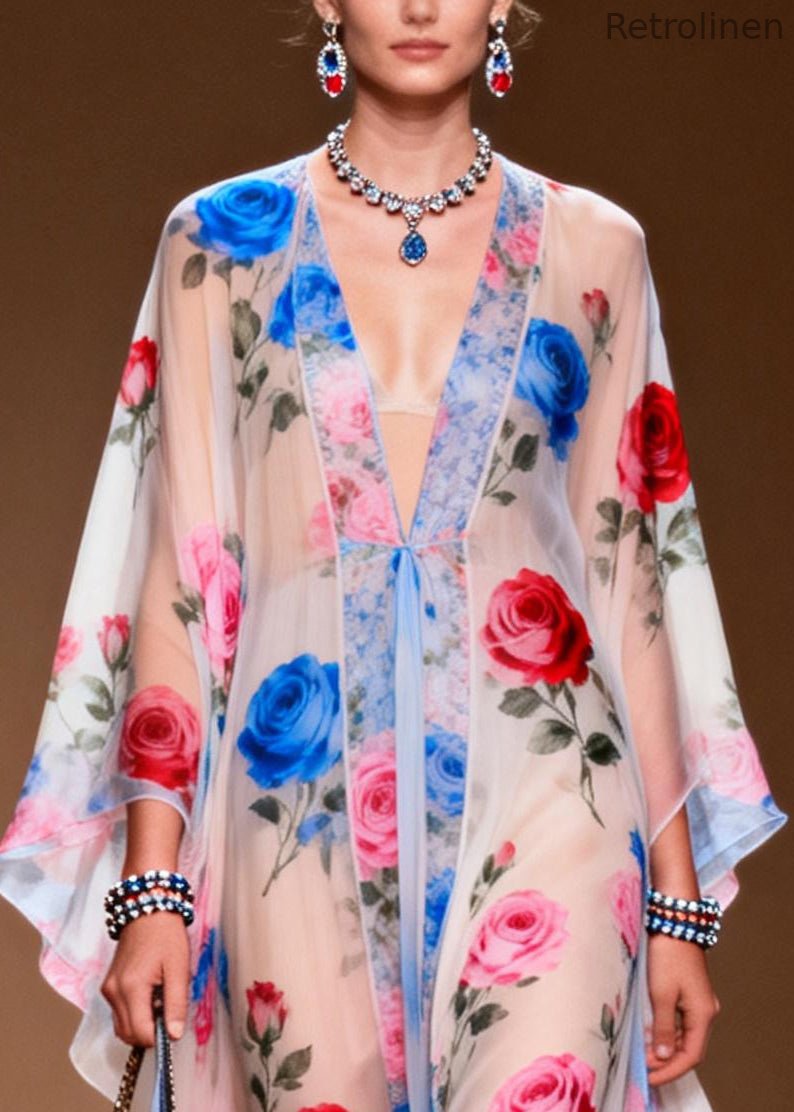 White Oversized Print Chiffon Vacation Dresses Summer