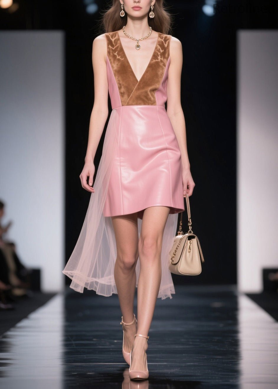New V Neck Tulle Patchwork Faux Leather Mid Dresses Sleeveless