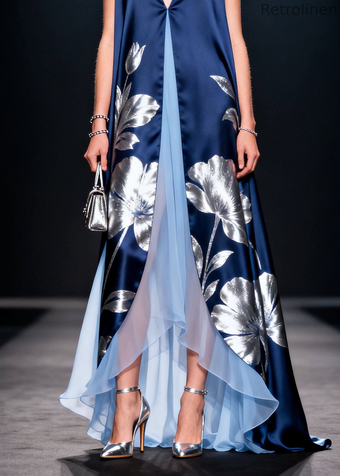 V Neck Print Patchwork Silk Long Dress Summer