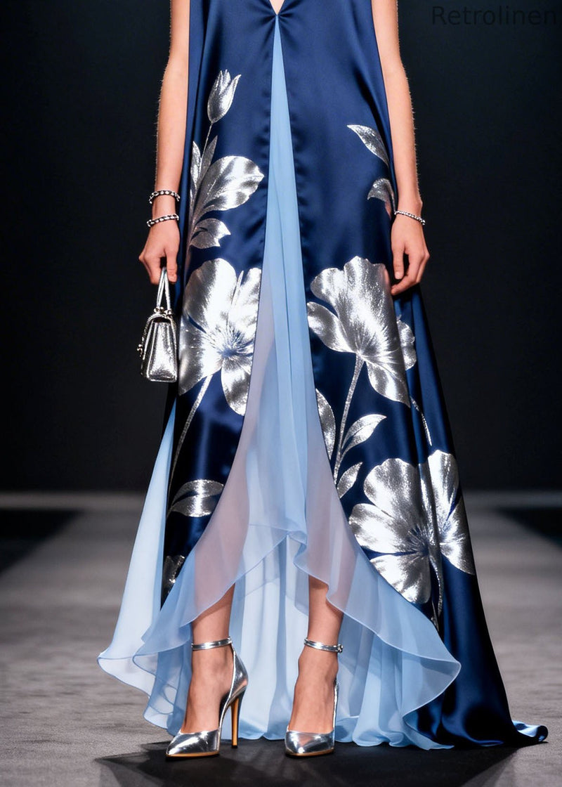 V Neck Print Patchwork Silk Long Dress Summer