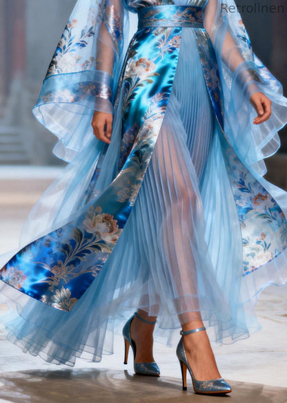 Blue Tunic Patchwork Wrinkled Chiffon Dresses Summer