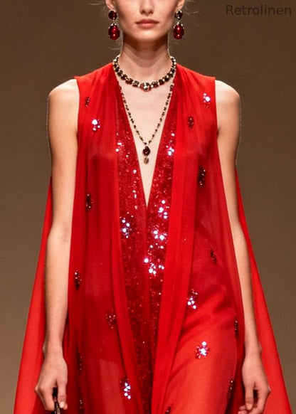 Red Sequins Rhinestone Chiffon Evening Dress Sleeveless