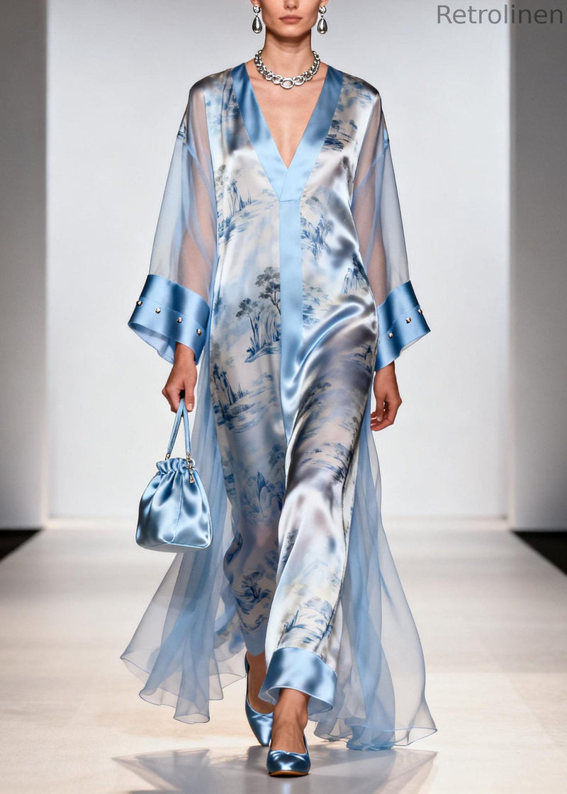 Italian Blue V Neck Print Zircon Chiffon Dresses Summer
